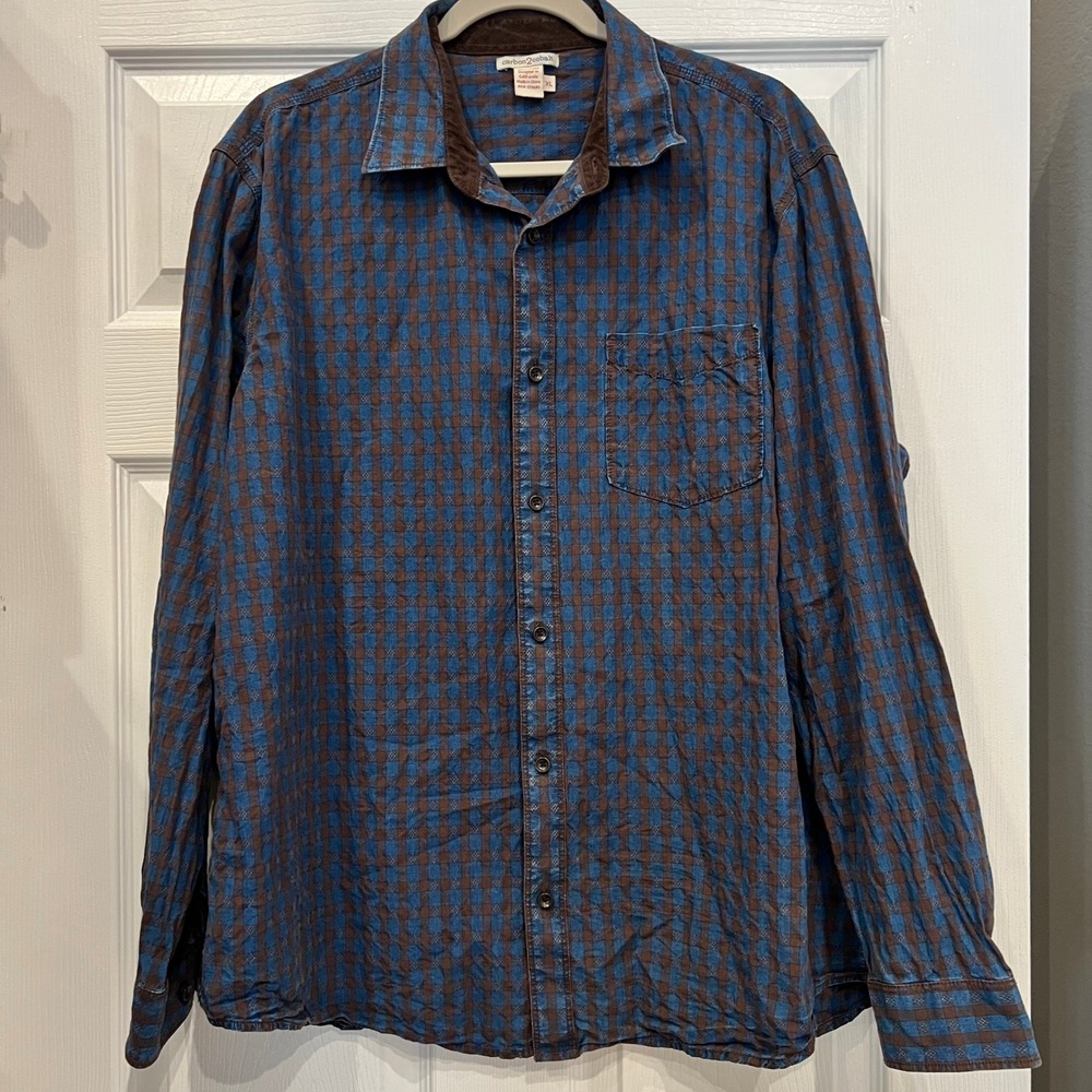 Carbon2Cobalt Button Down 100% Cotton Dobby Rustic Blue Brown Check Cabin XL
